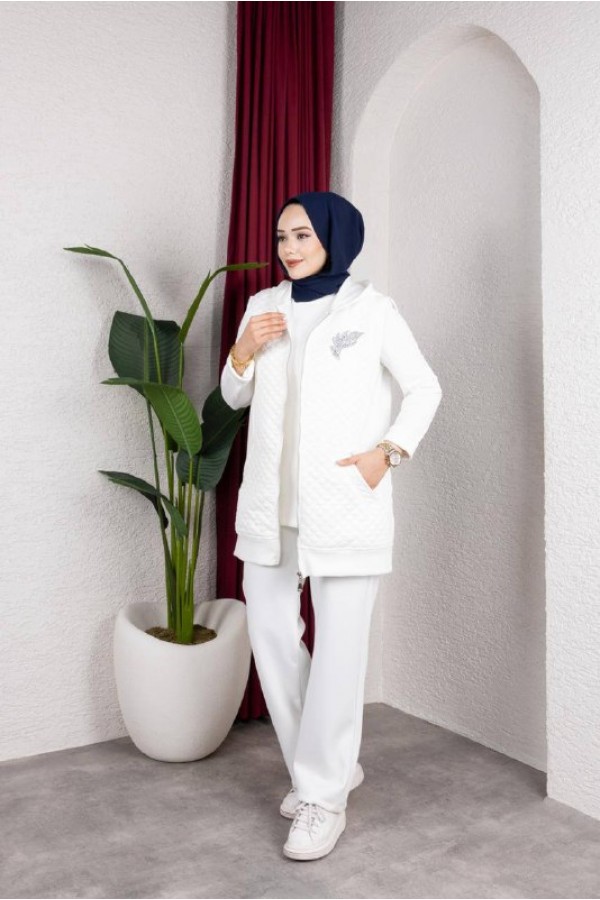 Kapitone Detaylı Yelekli 3’lü Takım – Premium Modal BEYAZ