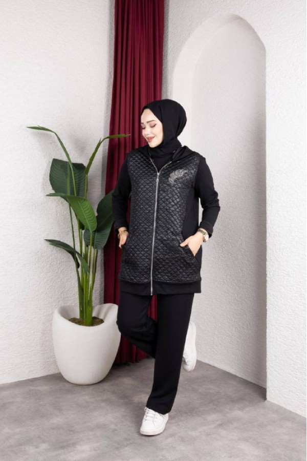 Kapitone Detaylı Yelekli 3’lü Takım – Premium Modal SİYAH