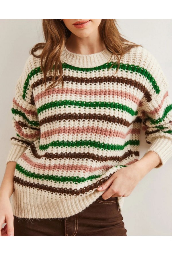 Renkli Çizgili Oversize Triko – Bisiklet Yaka, Likralı, Standart Beden Kadın Kazak RENK ( KAHVE YEŞİL