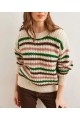Renkli Çizgili Oversize Triko – Bisiklet Yaka, Likralı, Standart Beden Kadın Kazak RENK ( KAHVE YEŞİL