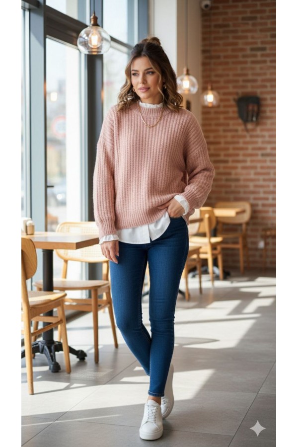 Oversize Fit Örgülü Triko Kazak – Likralı, Yün Karışımlı, Standart Beden PEMBE 