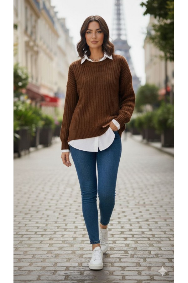 Oversize Fit Örgülü Triko Kazak – Likralı, Yün Karışımlı, Standart Beden KAHVE