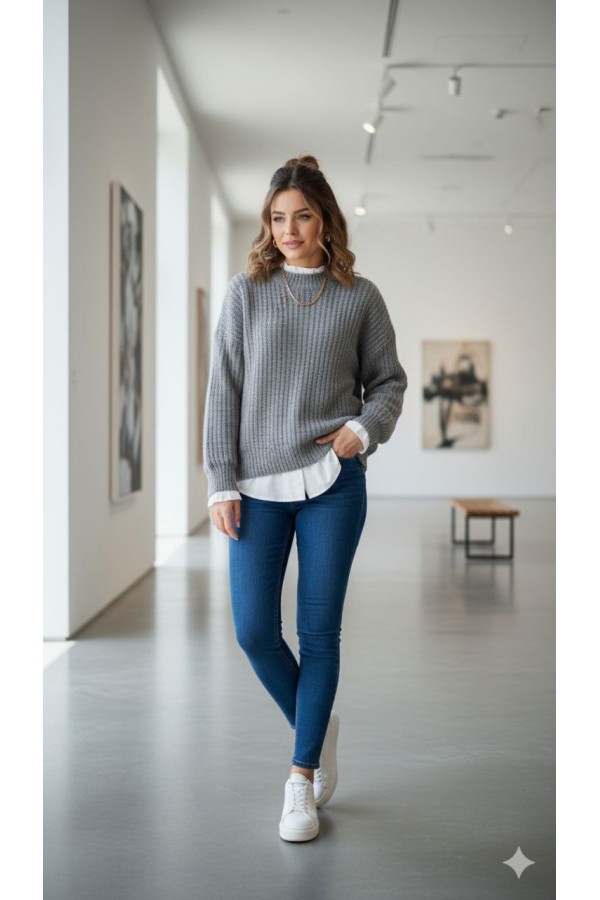 Oversize Fit Örgülü Triko Kazak – Likralı, Yün Karışımlı, Standart Beden GRİ