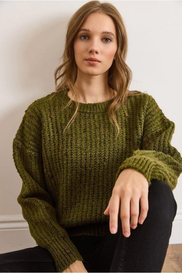  Renkli Melanj Oversize Triko Kazak  HAKİ