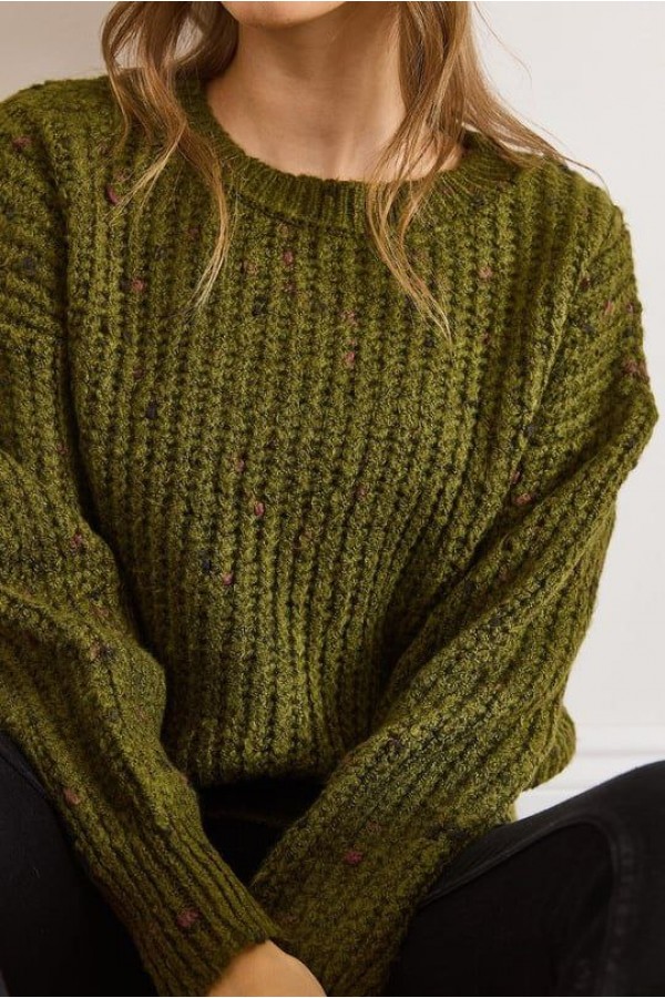 Renkli Melanj Oversize Triko Kazak  HAKİ