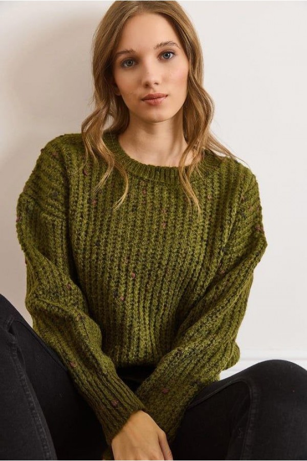 Renkli Melanj Oversize Triko Kazak  HAKİ