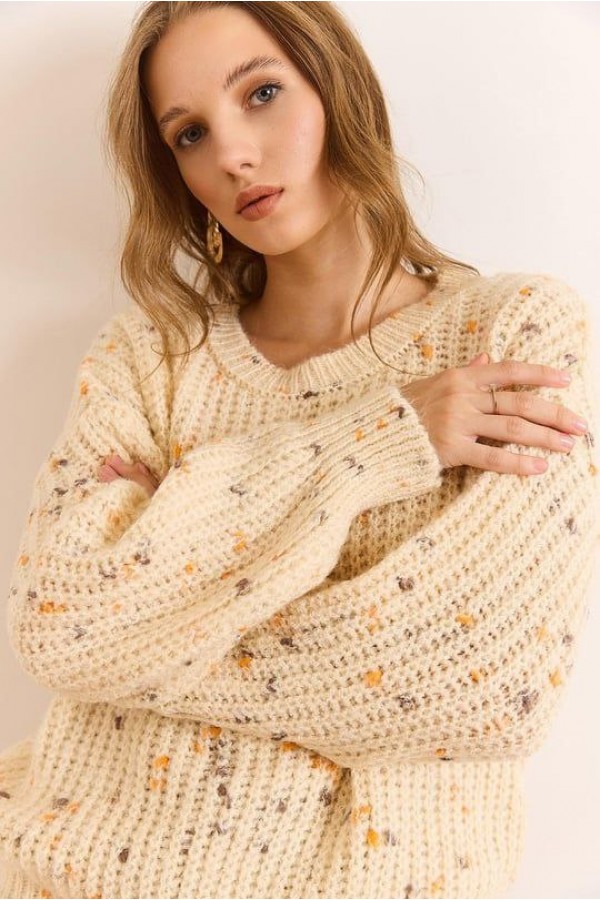  Renkli Melanj Oversize Triko Kazak  EKRU