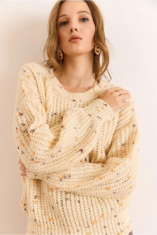 Renkli Melanj Oversize Triko Kazak  EKRU