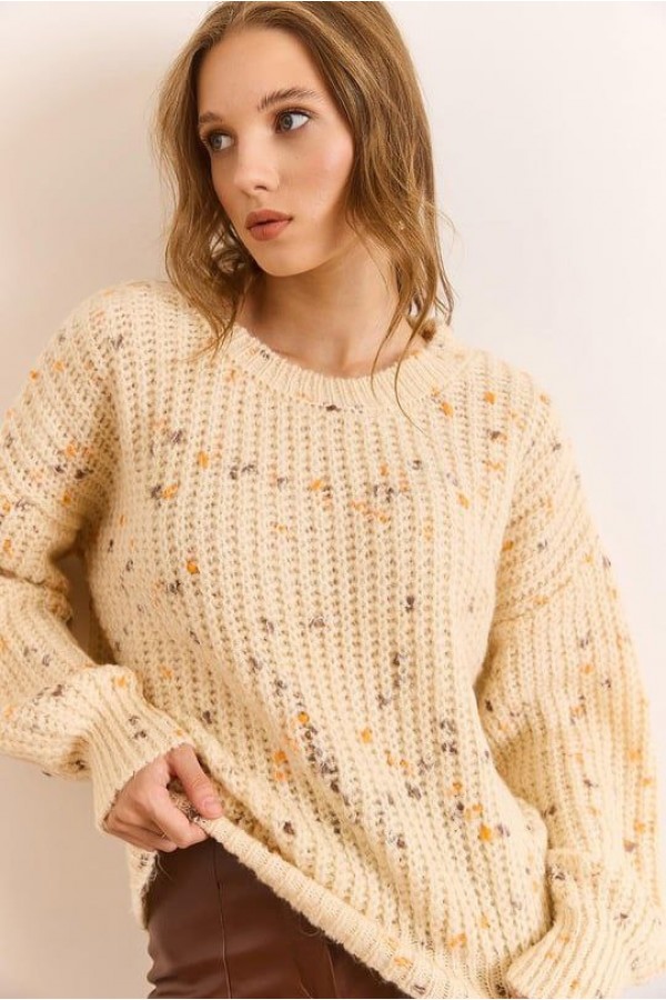 Renkli Melanj Oversize Triko Kazak  EKRU