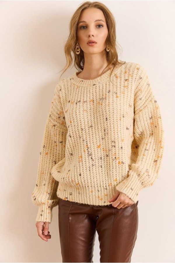 Renkli Melanj Oversize Triko Kazak  EKRU