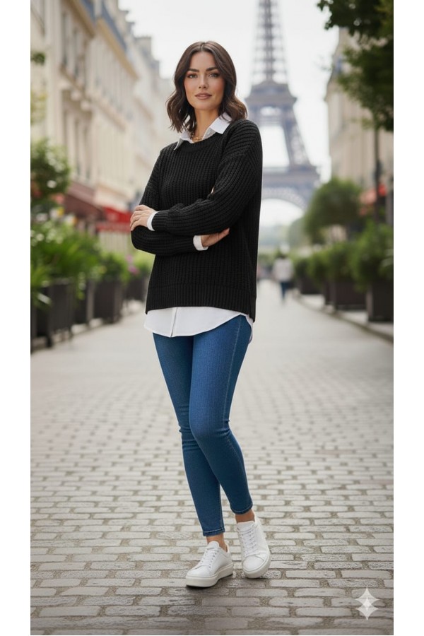 Oversize Fit Örgülü Triko Kazak – Likralı, Yün Karışımlı, Standart Beden SİYAH