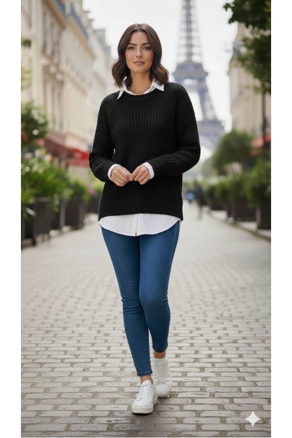 Oversize Fit Örgülü Triko Kazak – Likralı, Yün Karışımlı, Standart Beden SİYAH