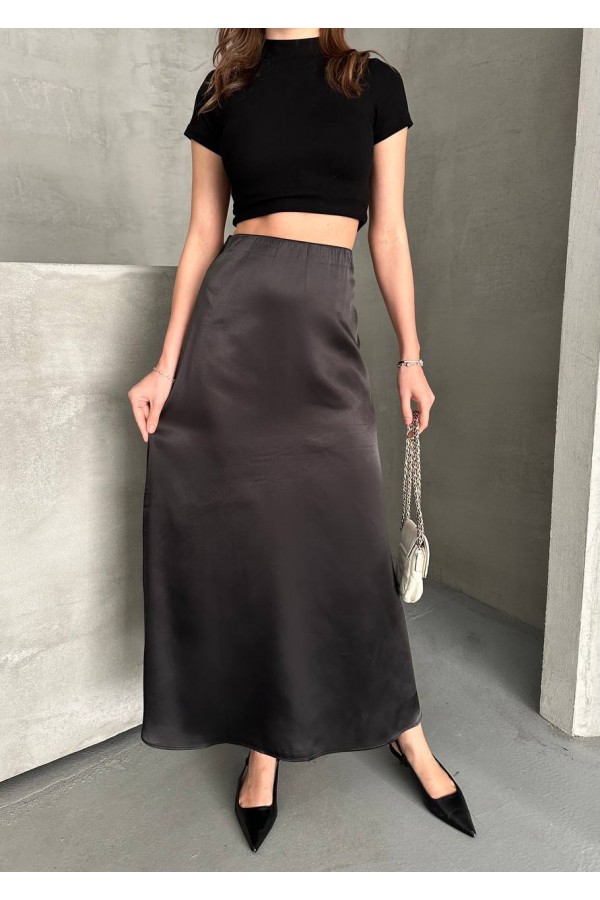 DÜZ SATEN DAR KESİMLİ BELİ LASTİKLİ ETEK