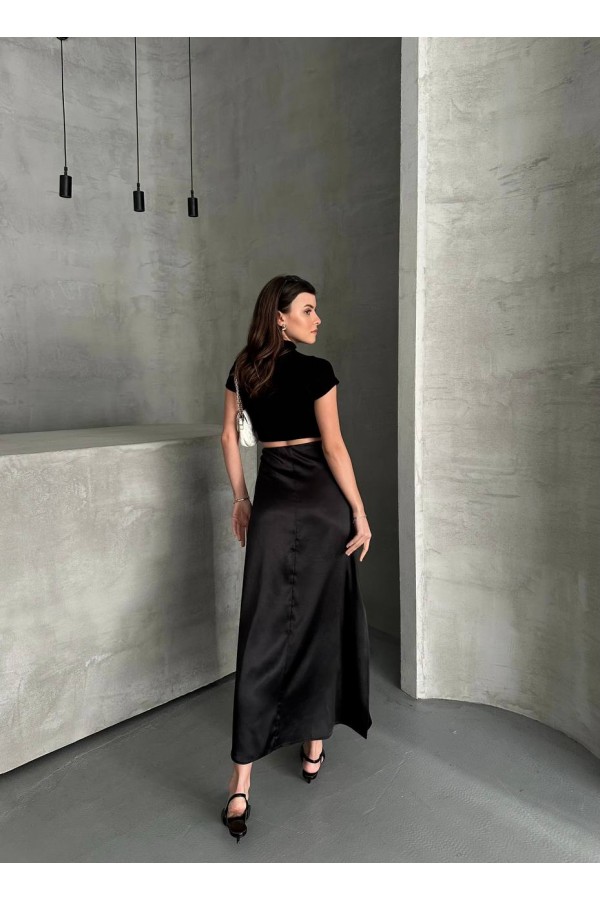 DÜZ SATEN DAR KESİMLİ BELİ LASTİKLİ ETEK