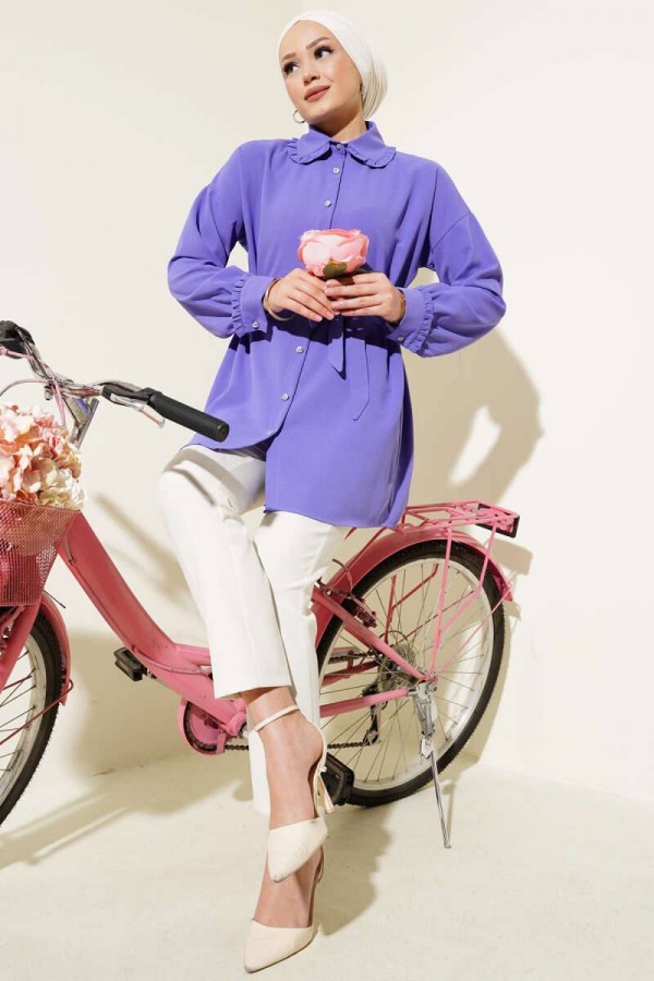 FİYONKLU YAKA DÜĞMELİ TUNİK LİLA