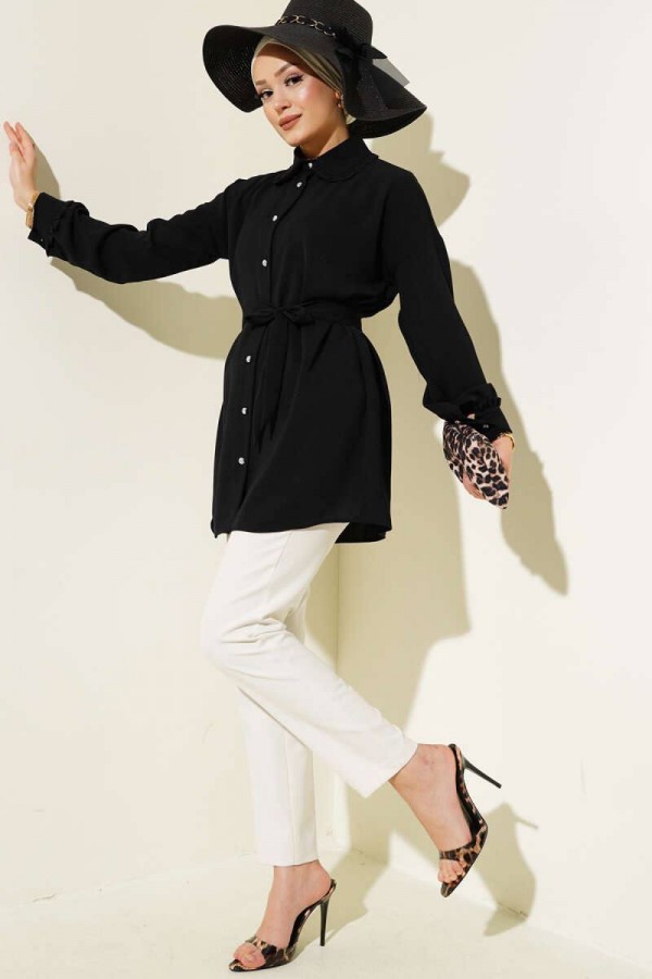 FİYONKLU YAKA DÜĞMELİ TUNİK SİYAH