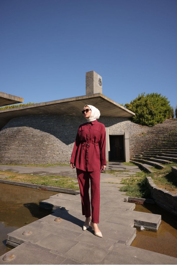 DÜĞME DETAYLI BELDEN BAĞLAMALI 2 Lİ TAKİM  BORDO