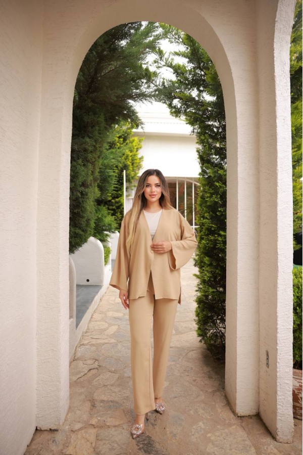 TEK DÜĞMELİ CEKETLİ TAKİM BEJ