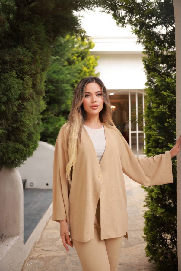 TEK DÜĞMELİ CEKETLİ TAKİM BEJ