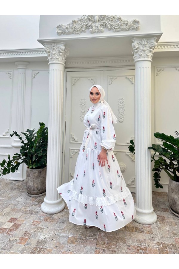 Hakim Yaka Kuşaklı Çiçek Desenli Pamuklu Terikoton Elbise - Dantel Detaylı