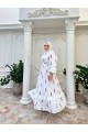 Hakim Yaka Kuşaklı Çiçek Desenli Pamuklu Terikoton Elbise - Dantel Detaylı