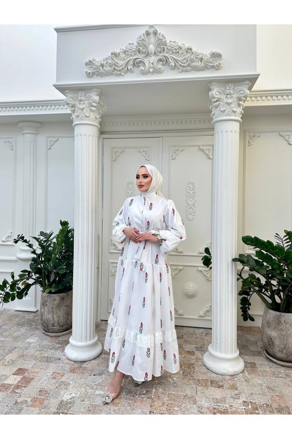 Hakim Yaka Kuşaklı Çiçek Desenli Pamuklu Terikoton Elbise - Dantel Detaylı