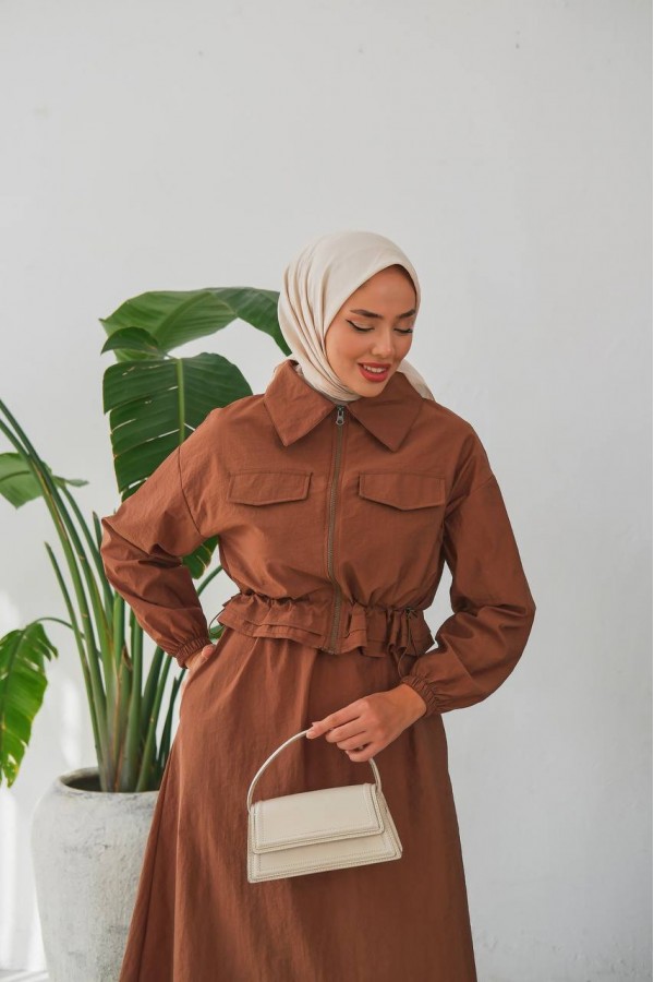İKİLİ TAKİM : FERMUARLI CROP  CEKETLİ VE KOLSUZ UZUN  ELBİSE- PARAŞÜT KUMAŞ