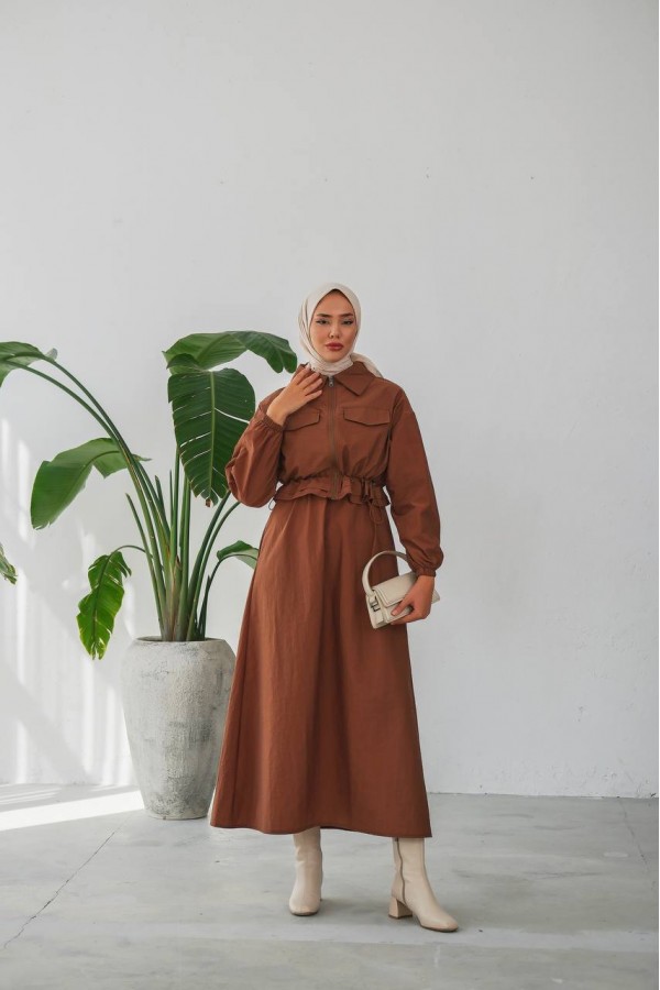 İKİLİ TAKİM : FERMUARLI CROP  CEKETLİ VE KOLSUZ UZUN  ELBİSE- PARAŞÜT KUMAŞ