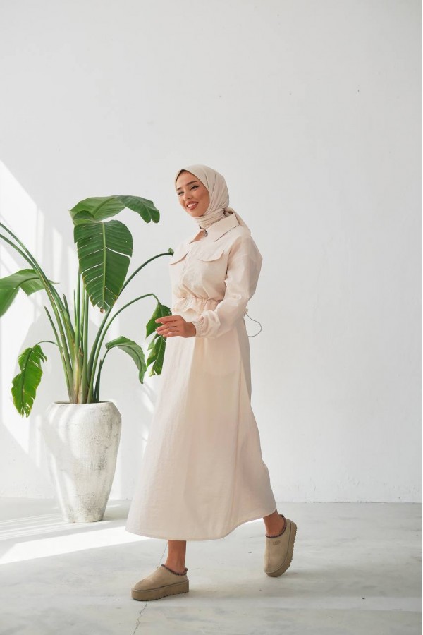 İKİLİ TAKİM : FERMUARLI CROP  CEKETLİ VE KOLSUZ UZUN  ELBİSE- PARAŞÜT KUMAŞ BEJ