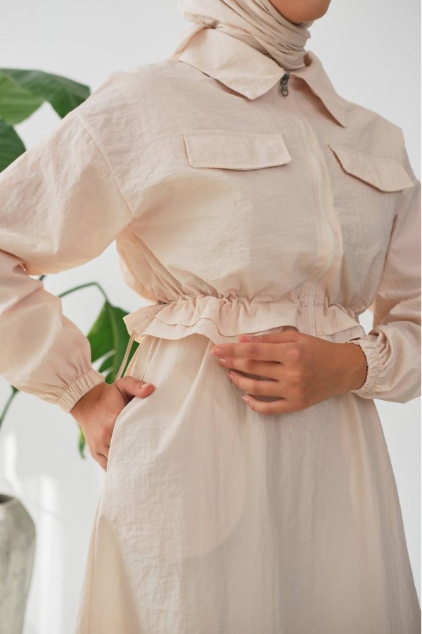 İKİLİ TAKİM : FERMUARLI CROP  CEKETLİ VE KOLSUZ UZUN  ELBİSE- PARAŞÜT KUMAŞ BEJ