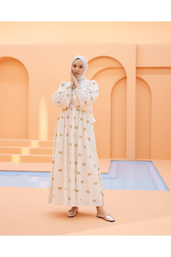 BELİ LASTİKLİ İCİ ASTARLİ YAZLİK BÜRÜMCÜK ELBİSE BEYAZ TURUNCUN