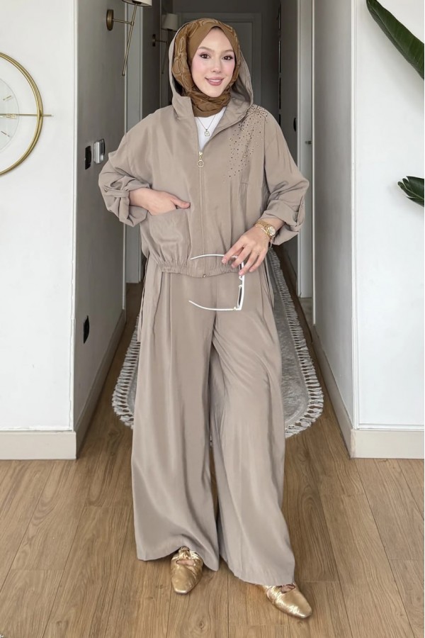 Kapüşonlu ve Taş İşlemeli Tencel Pantolonlu 2 Lİ  Takım