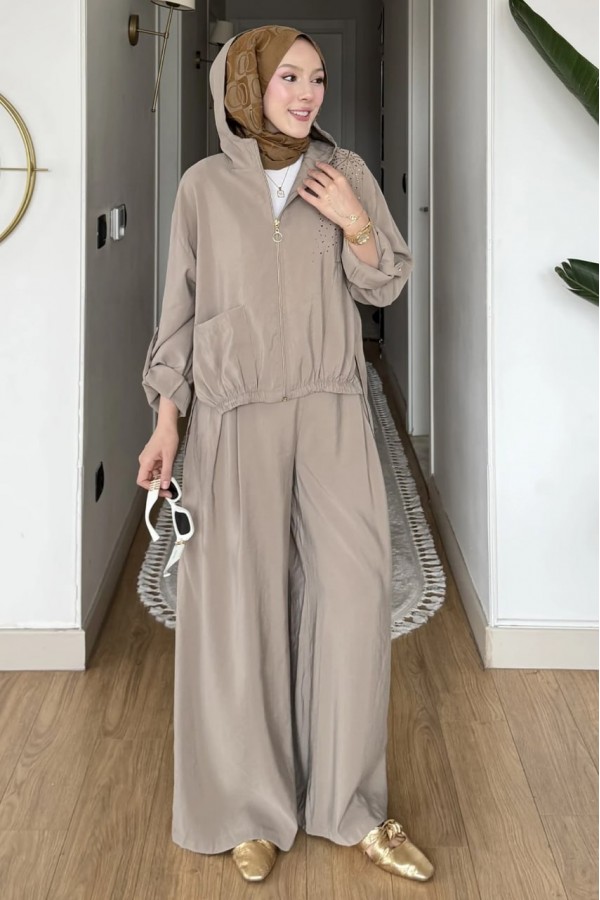 Kapüşonlu ve Taş İşlemeli Tencel Pantolonlu 2 Lİ  Takım