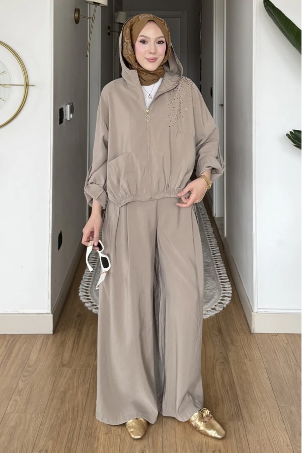 Kapüşonlu ve Taş İşlemeli Tencel Pantolonlu 2 Lİ  Takım