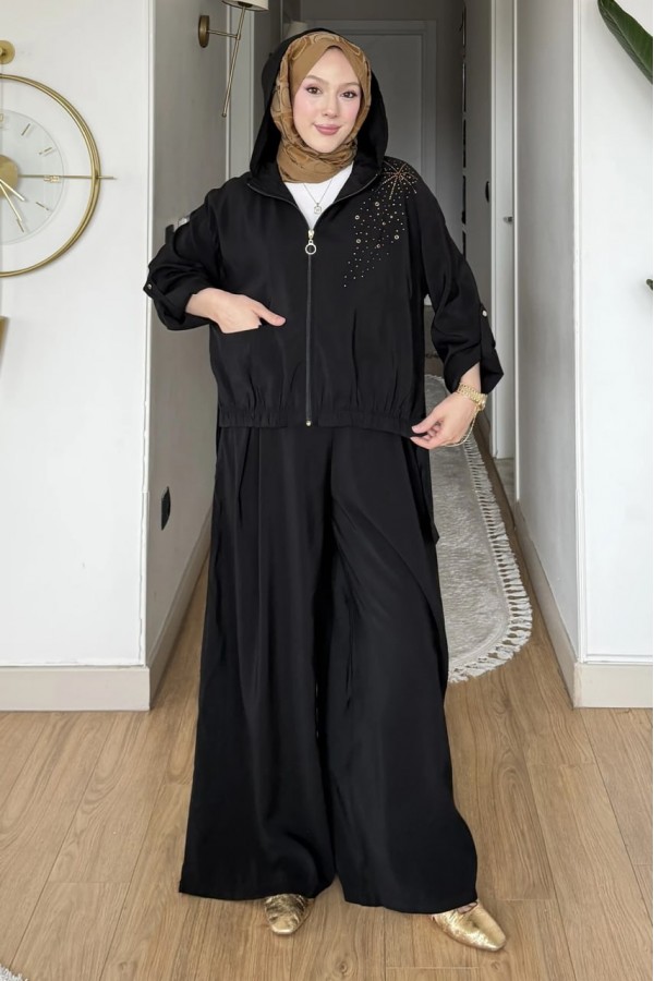 Kapüşonlu ve Taş İşlemeli Tencel Pantolonlu 2 Lİ  Takım
