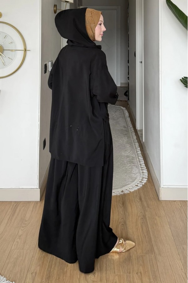 Kapüşonlu ve Taş İşlemeli Tencel Pantolonlu 2 Lİ  Takım