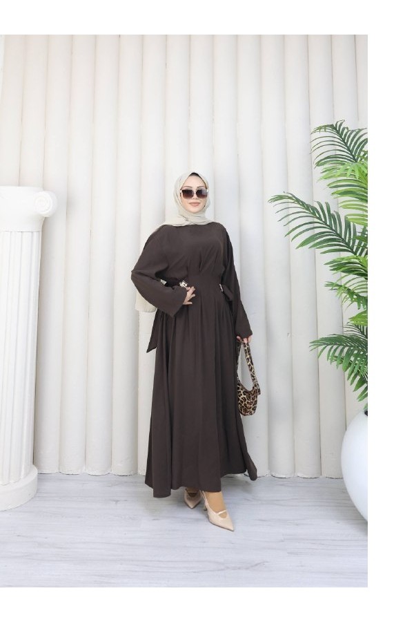 Acı Kahve Yandan Tokalı Modal Tencel Elbise – Mevsimlik, Astarsız, İç Göstermez