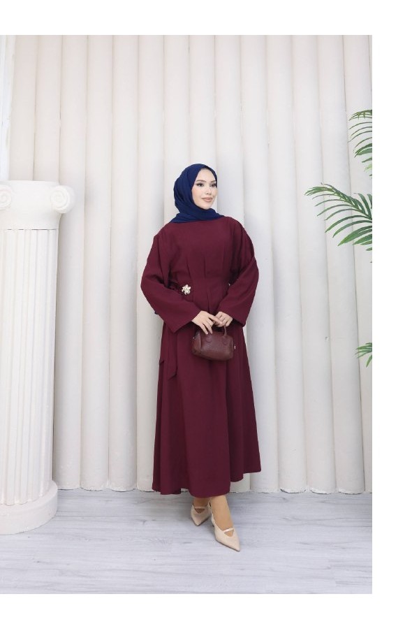 Bordo Yandan Tokalı Modal Tencel Elbise – Mevsimlik, Astarsız, İç Göstermez